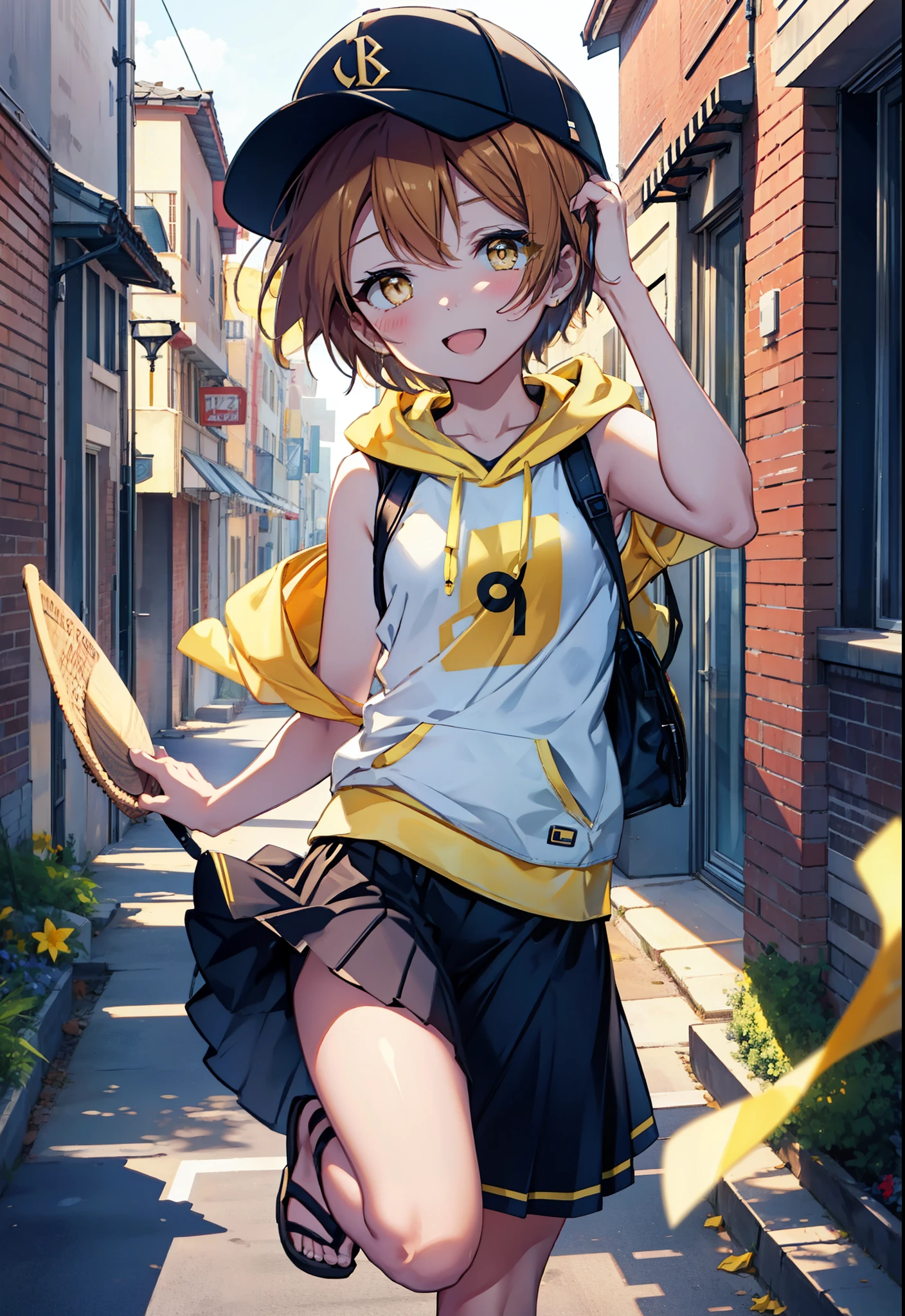 Rin Hoshizora (Yellow Eyes:1.5), Hair between the eyes, Brown Hair,Short Hair,blush,happy smile, smile, Open your mouth,Baseball hats,Oversized sleeveless hoodie,Long skirt,Cute Sandals,Daytime,Clear skies,Walking,whole bodyがイラストに入るように, 　　　　　　　　　　　break looking at viewer, whole body 　　　　　　　　break outdoors, Building district, 　　　　　　　　　　　break (masterpiece:1.2), Highest quality, High resolution, unity 8k wallpaper, (figure:0.8), (Beautiful attention to detail:1.6), Highly detailed face, Perfect lighting, Highly detailed CG, (Perfect hands, Perfect Anatomy),