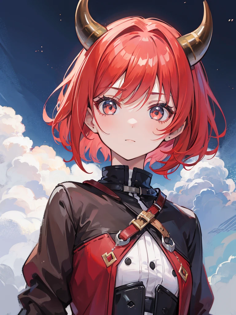 girl face with small horns redhead short hair with dark sky