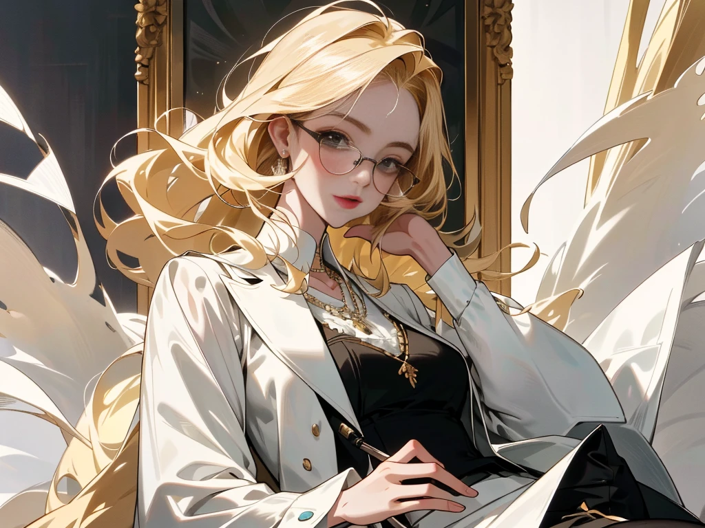 masterpiece: 1.6, best quality: 1.4, live image: 1.2, intricate details: 1.2, charturnerv2: 1.2, 1lady full body character change,
appearance: milf: 1.25, The image shows a young woman with an elegant and professional style. Next, His characteristics and attire are described in detail.:
### Physical description:
- **Hair**: He has long blonde hair, with a loose hairstyle and soft waves that fall over her shoulders.
- **face**: He wears round frame glasses, which gives it an intellectual aspect. His expression is calm and confident., with a light smile.
- **Quick**: Her skin is clear and soft.
### Outfit Description:
- **blouse**: She is wearing a white long-sleeved blouse., with a tight-fitting design. The blouse has a V-shaped neckline, that gives it a sophisticated and elegant touch.
- **Skirt**: She wears a black pencil skirt that reaches mid-calf. The skirt is tight and classic cut, highlighting her slender figure.
- **accessories**:
- **collar**: She wears a necklace with a green pendant, that adds a touch of color to your outfit.
- **pocket**: She holds a white bag in her right hand, that complements your style.
- **glasses**: Its round frame glasses add an air of sophistication and intelligence.
- **shoes**: Wear black heels, which match perfectly with your skirt and complete your professional outfit.
### POSTURE:
- **hands**: His left hand is resting on his hip, which denotes trust and security. The right hand holds the bag.
- **body**: He stands with a firm and elegant posture, showing self-confidence.
### General appearance:
The woman projects an image of elegance, professionalism and trust. Your outfit is carefully chosen for an office or business setting, with details that reflect his sophisticated and fashionable style. The glasses and necklace add personal touches that complement your overall appearance.