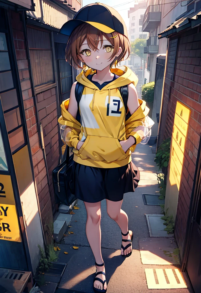 Rin Hoshizora (Yellow Eyes:1.5), Hair between the eyes, Brown Hair,Short Hair,blush,happy smile, smile, Open your mouth,Baseball hats,Oversized sleeveless hoodie,Long skirt,Cute Sandals,Daytime,Clear skies,Walking,whole bodyがイラストに入るように, break looking at viewer, whole body break outdoors, Building district, break (masterpiece:1.2), Highest quality, High resolution, unity 8k wallpaper, (figure:0.8), (Beautiful attention to detail:1.6), Highly detailed face, Perfect lighting, Highly detailed CG, (Perfect hands, Perfect Anatomy),