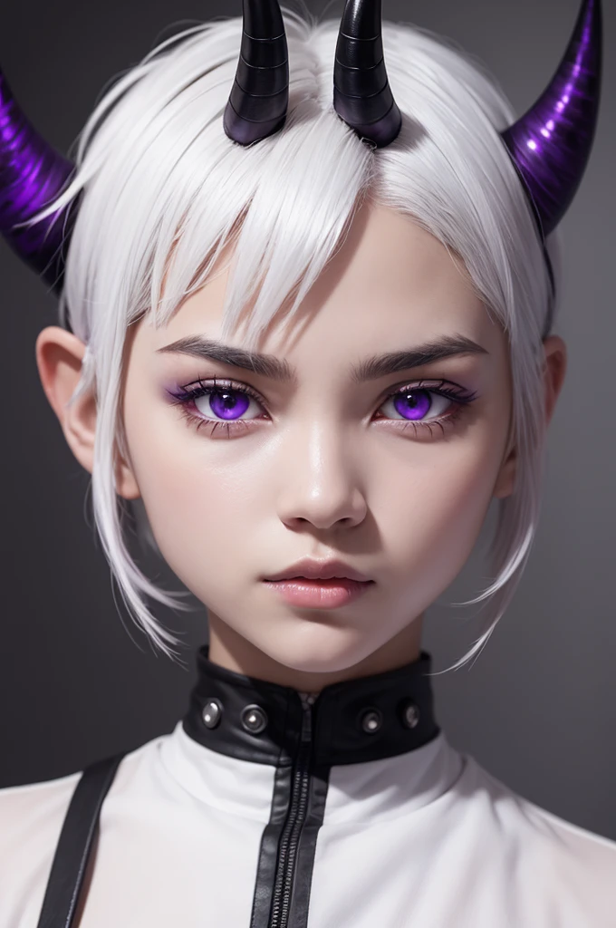 Character with black skin horns short white hair and purple eyes