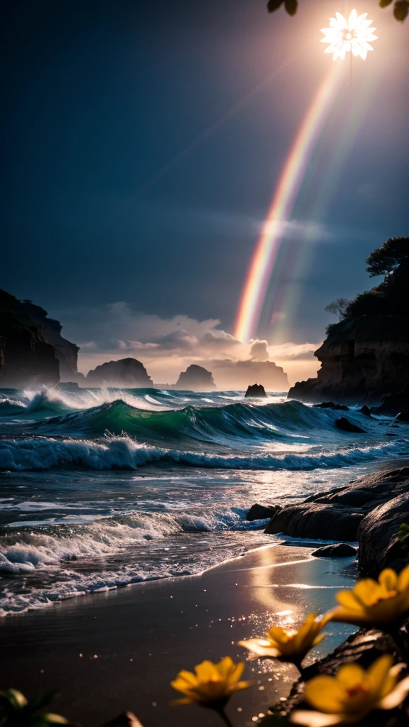 beautiful beach, Fantasy inside, Rose, steam, Sunlight, masterpiece, best quality, Ultra-high resolution, Raw, beautiful beach景色, Millleft, splash rainbow, waves crashing, sand, Foam, milky, (Photoluminescent water), Bioluminescence, Opal gemstones, agate, ((Floating flowers)), Clear, Cinematic Raw photo, hyper real photo, Surrealism, 8K uhd, Digital SLR Camera, 柔和的light, high quality, Film Grain, Fuji XT3, photographed on a Kodak Retina II Sanyo Xacti VPC-CA6, 50mm lens, Wide Angle, Human Development Report, Surrealism, Color grading, Volumetric Lighting, [Volumetric Fog, wet], Shallow depth of field, Reflection, photo, (sparkling的), sparkling, (Rainbow), Shimmer, Clear, flash, mystery, enchanting, sparkling, Morocco, Dissonance, (masterpiece) (best quality) (detailed) (8K) (Human Development Report) (wallpaper) (light) (Clear focus) (complex), Romantic,