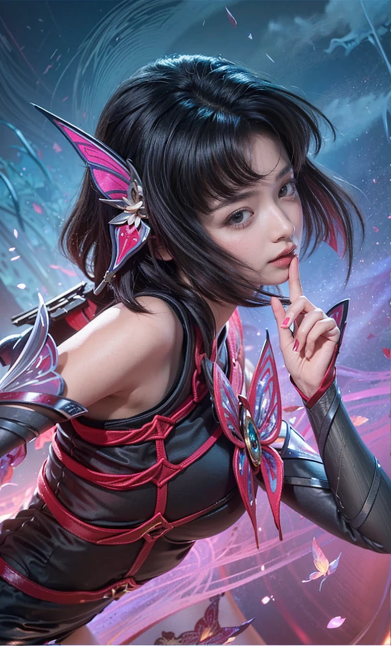 Game art，The best picture quality，Highest resolution，8K，(A bust photograph)，(Portrait from bust:1.5)，(Head close-up)，(Rule of thirds)，Unreal Engine 5 rendering works， (The Girl of the Future)，(Female Warrior)， 
20-year-old girl，(The warrior in ancient China)，An eye rich in detail，(Big breasts)，Elegant and noble，indifferent，(Smile)，
(The costume of Chinese swordsman elements，Costumes of ancient Chinese characters，A random pattern of clothing，Ribbon，Joint Armor，Rich dress details)，(Chinese Hanfu:1.3)，figure，Fantasy style，
Photo poses，Field background，Movie lights，Ray tracing，Game CG，((3D Unreal Engine))，oc rendering reflection pattern