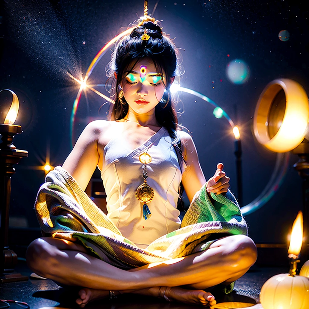 LORD BUDDHA DOING MEDITATION AND ALL SEVEN CHAKRAS SHOWING WITH THEIR COLOURS, AND WHITE LIGHT FOCUSING ON HEAD FROM THE SKY