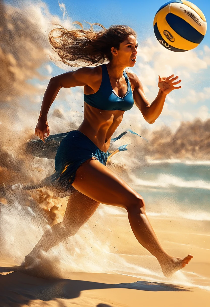 a cave drawing of a cave woman playing volleyball at the beach at the stone age, an extraordinary beautiful cave woman wearing animal fur playing volleyball at the beach, there is ((mammoth: 1.2)) watching her play, stone age volley ball beach background, its sunny day, sun rays, ltra-high resolution, High Contrast, (masterpiece:1.5), highest quality, Best aesthetics), best details, best quality, highres, 16k, [ultra detailed], masterpiece, best quality, (extremely detailed)