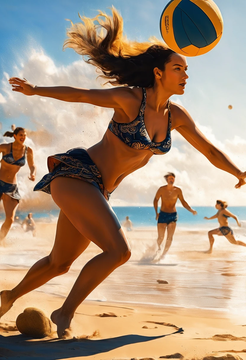 a cave drawing of a cave woman playing volleyball at the beach at the stone age, an extraordinary beautiful cave woman wearing animal fur playing volleyball at the beach, there is ((mammoth: 1.2)) watching her play, stone age volley ball beach background, its sunny day, sun rays, ltra-high resolution, High Contrast, (masterpiece:1.5), highest quality, Best aesthetics), best details, best quality, highres, 16k, [ultra detailed], masterpiece, best quality, (extremely detailed)