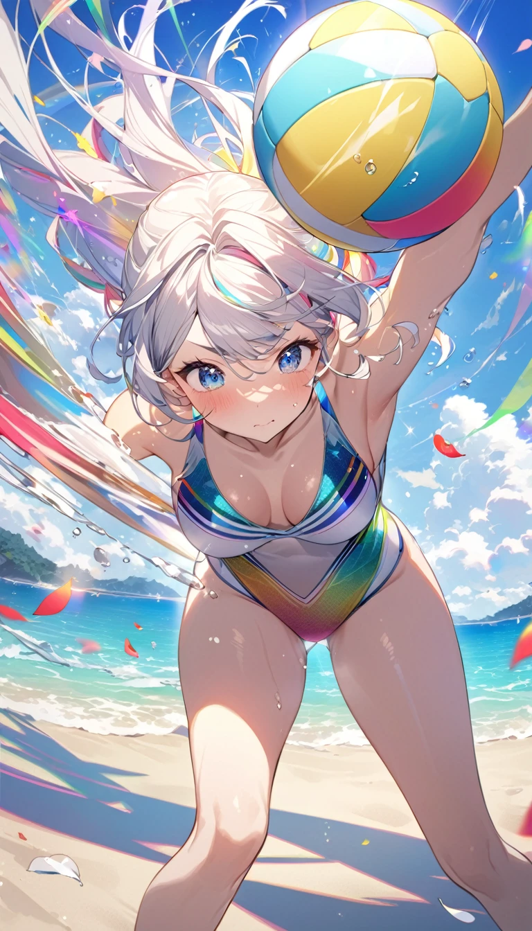 Highest quality, Super quality, 16K, Incredibly absurd, Very detailed, delicate and dynamic, Natural light, Fine particles reflect rainbow colors, Diffuse reflection of light, Many rainbow-colored petals fall, 美しいSandy Beach, Sparkling sea surface, 海面にDiffuse reflection of light, Create amazing image effects, Upper body close-up, (, cute sexy girl, huge bouncing busts, Sensual expression, Beach Volleyball, Flashy swimsuit, , Sandy Beach)