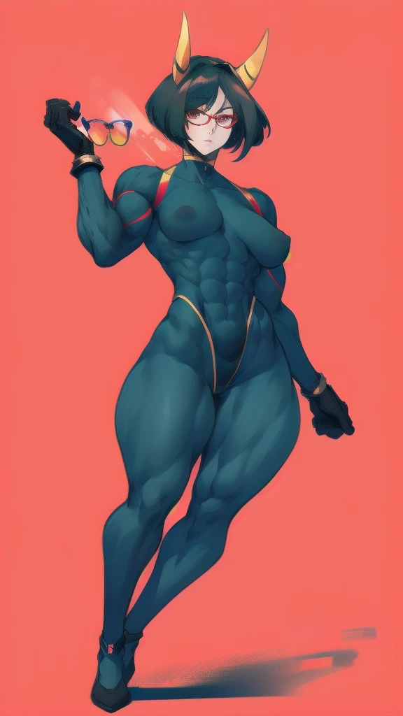 Full body image of Garnet from Steven Universe, full body in image, wearing her original outfit (black and red bodysuit with square glasses and large gauntlets), short black and red square hair, female body, tall and muscular body, dynamic pose, detailed pose, simple background, expressive face showing confidence, focus on face, line art, sketch