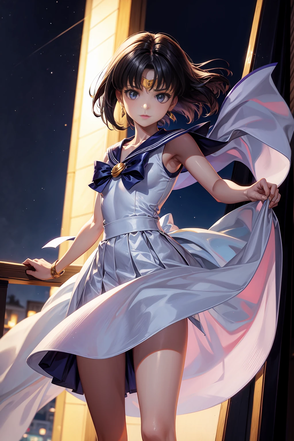 Sailor Saturn (Sailor Moon Anime), standing in a balcony at night, <lora:GoodHands-, <lora:GoodLegs-, UHD, high resolution, (expressive eyes, perfect face, full body, expressive face, perfect body, perfect pussy, athletic, fit, slim body, blushing, Perfect makeup, eyeliner, beautiful eyelashes, smiling, horny face), ((best illumination, best shadows)), ((sexy pose)), brooch, white gloves, choker, skirt, star (symbol), purple footwear, knee boots, star brooch, earrings, sailor collar, bow, cross-laced footwear, pleated skirt, brown bow, gloves, elbow gloves, purple skirt, jewelry, boots, back bow, lace-up boots, magical girl, star choker, purple sailor collar, purple eyes, black hair, short hair, EPsmSailorSaturn, sailor_saturn, sailor senshi uniform, tiara, sailor saturn