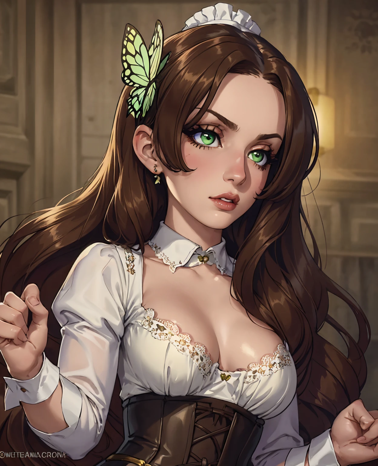 detailed portrait of a beautiful young woman with long wavy brown hair, green eyes, and full lips, wearing a white corset top with floral lace detailing, ariana grande inspired makeup, dreamlike expression, butterflies in the background, intricate fantasy art, cinematic lighting, highly detailed, vibrant colors, digital art, concept art, photorealistic