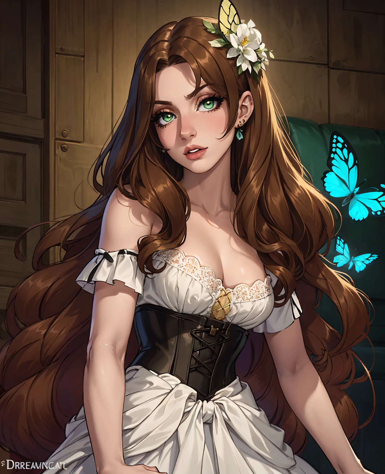 detailed portrait of a beautiful young woman with long wavy brown hair, green eyes, and full lips, wearing a white corset top with floral lace detailing, ariana grande inspired makeup, dreamlike expression, butterflies in the background, intricate fantasy art, cinematic lighting, highly detailed, vibrant colors, digital art, concept art, photorealistic