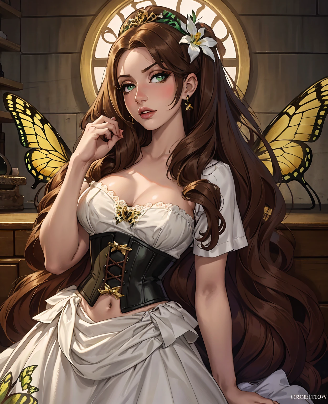 detailed portrait of a beautiful young woman with long wavy brown hair, green eyes, and full lips, wearing a white corset top with floral lace detailing, ariana grande inspired makeup, dreamlike expression, butterflies in the background, intricate fantasy art, cinematic lighting, highly detailed, vibrant colors, digital art, concept art, photorealistic