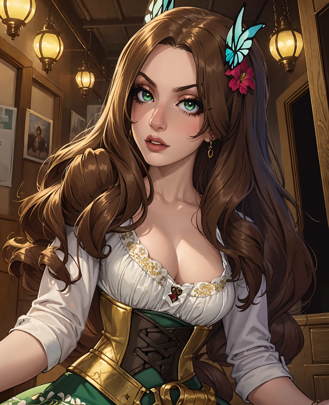 detailed portrait of a beautiful young woman with long wavy brown hair, green eyes, and full lips, wearing a white corset top with floral lace detailing, ariana grande inspired makeup, dreamlike expression, butterflies in the background, intricate fantasy art, cinematic lighting, highly detailed, vibrant colors, digital art, concept art, photorealistic