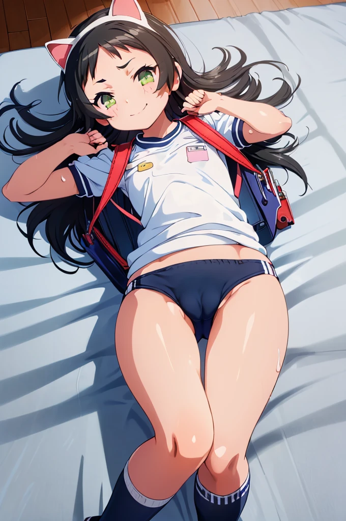 masterpiece, ultra quality, ultra sharp, ultra detailed, 1girl, solo, (good anatomy), haduki kurumi, (tattered torn dripping wet white gym shirt), navy gym pants, animal ears, randoseru, name tag, Japanese anime pose, laugh, BurumaShorts, Buruma, Gym Uniform, (((lying:1.4, spread_legs, legspread, split_legs, spreading legs)), (randoseru backpack:1.4), (((smirk smile))):1.4, buruma, blue buruma, black buruma, (cameltoe), (tattered torn short sleeve white gym uniform with colored hem), (tiny nipples), (white long loose socks), strong lighting, legspread, bukkake, cum on clothes, cum on legs, cum on buruma, cum on bloomers,