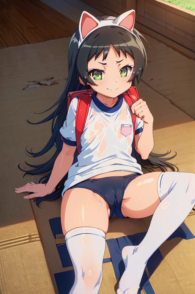 masterpiece, ultra quality, ultra sharp, ultra detailed, 1girl, solo, (good anatomy), haduki kurumi, (tattered torn dripping wet white gym shirt), navy gym pants, animal ears, randoseru, name tag, Japanese anime pose, laugh, BurumaShorts, Buruma, Gym Uniform, (((lying:1.4, spread_legs, legspread, split_legs, spreading legs)), (randoseru backpack:1.4), (((smirk smile))):1.4, buruma, blue buruma, black buruma, (cameltoe), (tattered torn short sleeve white gym uniform with colored hem), (tiny nipples), (white long loose socks), strong lighting, legspread, bukkake, cum on clothes, cum on legs, cum on buruma, cum on bloomers,