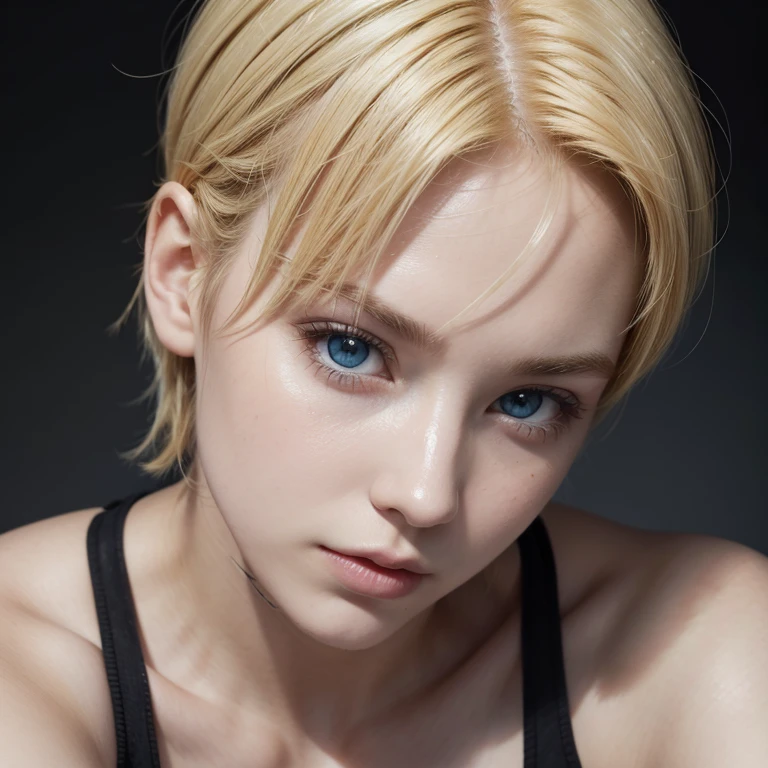 Strong woman, short yellow hair, sidecut, blue eyes 