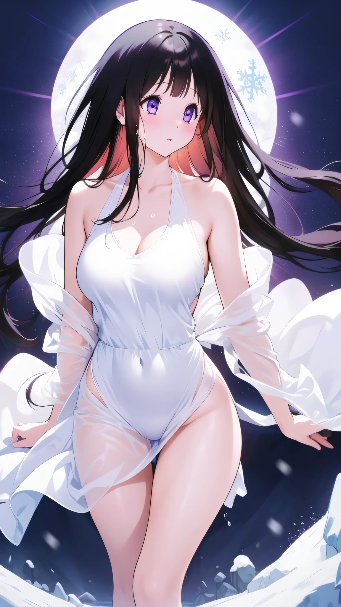Chitanda,There is only one beautiful girl,Purple Eyes, Black Hair, Natural straight hair, Straight bangs,Extremely refined,open your lips,Face is so red,Very white skin,Skin as delicate as porcelain,Glowing skin,big eyes,Flowing long hair,beautiful girl, Like a dream,Slim,Slim waist,soft, (sensuous), (Kawaii), Dream quality,Sweaty and sweaty,Wet skin,Side breasts,snowflake,Playing in the snow on the snow mountain,White transparent dress,Profile,(Completely naked),Gluteal groove,The outline of the breasts is visible through clothing,Completely naked back,nacked hip,very close,Deep V neckline,Loose neckline,Beautiful big breasts,No pants,nopan,no pants,Bare shoulders,There are no shoulder straps,Exposed collarbone,Delicate clavicle,Delicate hands and feet,Bare neck,There are no clothes around the neck,Bare thighs,Exposed groin,Camel toe,extremely shy,Ultra-high resolution, (masterpiece:1.2, best quality), (Delicate and beautiful eyes: 1.2), (Beautiful and delicate face)