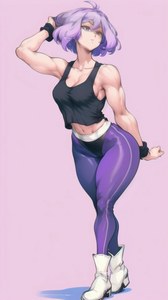 Full body image of Amethyst from Steven Universe, full body in image, wearing her original outfit (black tank top, purple leggings, and white boots), short lavender hair, female body, short and stocky body, dynamic pose, detailed pose, simple background, expressive face showing playfulness, focus on face, line art, sketch