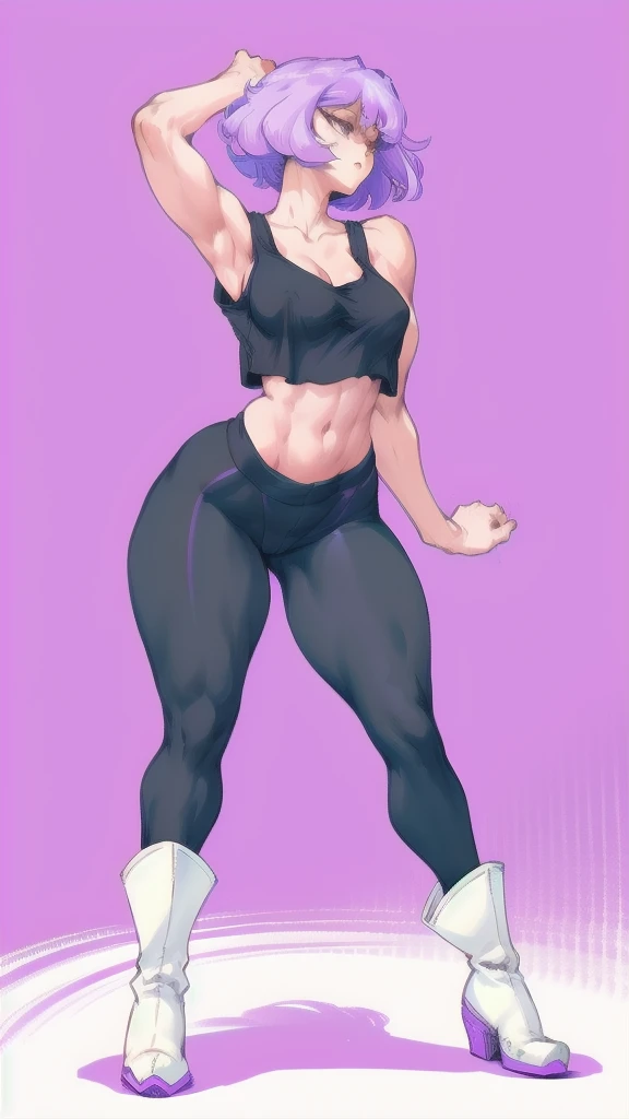 Full body image of Amethyst from Steven Universe, full body in image, wearing her original outfit (black tank top, purple leggings, and white boots), short lavender hair, female body, short and stocky body, dynamic pose, detailed pose, simple background, expressive face showing playfulness, focus on face, line art, sketch