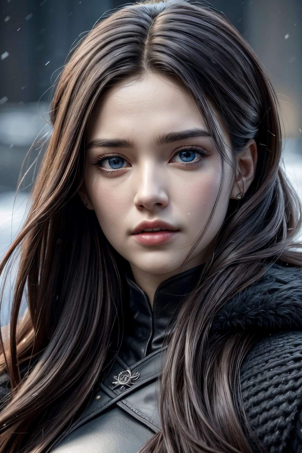 absurdrez, ultra detali, high qualiy, work of art, face detailed, gorgeous eyes(detailedeyes), game of thrones, jon snow, cold and snowing, impressive and captivating, features are classically beautiful, with high cheekbones, a face of perfect proportions, eyes portrayed as large and captivating, keep an intense gaze, embodies the essence of power, autoridade, and royalty.