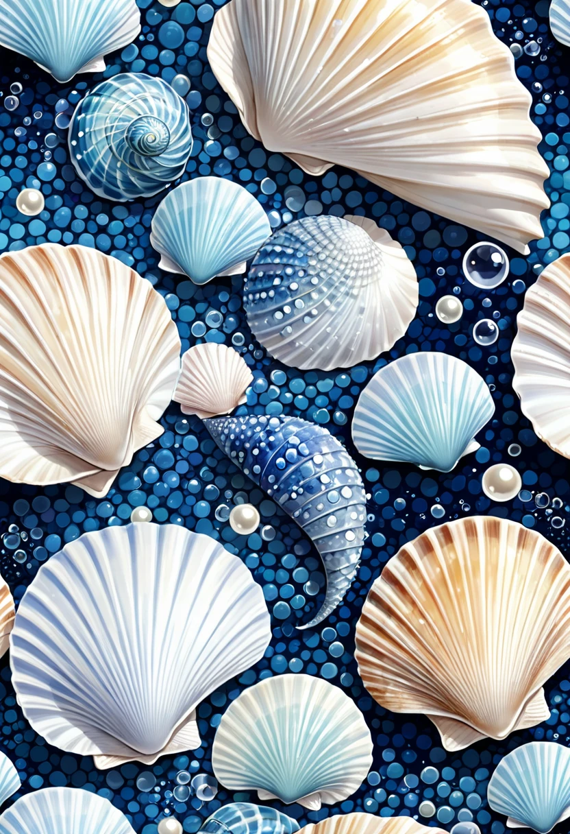 a blue and white pattern with shell and bubbles, Ocean pattern, shell and barnacles, seashell, Blue scales with white spots, shell, 1024x1024, shell, wearing shell attire, pearls and shell, shell, Seamless pattern design, Blue scales, Gorgeous sea background, Seamless pattern