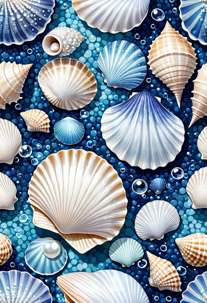 a blue and white pattern with shell and bubbles, Ocean pattern, shell and barnacles, seashell, Blue scales with white spots, shell, 1024x1024, shell, wearing shell attire, pearls and shell, shell, Seamless pattern design, Blue scales, Gorgeous sea background, Seamless pattern