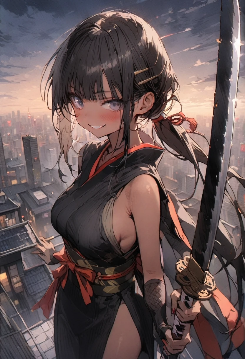((masterpiece,Highest quality:1.3,best quality illustration)), 独奏,1woman,(Mature Japan beauties)、black hair,(low ponytail hair style),long hair,blunt bangs,black eyes,gorgeous eyes,((very small head:1.3)),blush,A strong smile,((very long body:1.2)),medium breasts,(tan skin), (gleaming skin,toned body,slender body, skinny),(Female Ninja Costume、A simple, patternless black kimono、、Black ide slits,Holding a precisely rendered Japanese sword),standing、rooftop of high-rise building、Moonlit Night、Modern Tokyo、