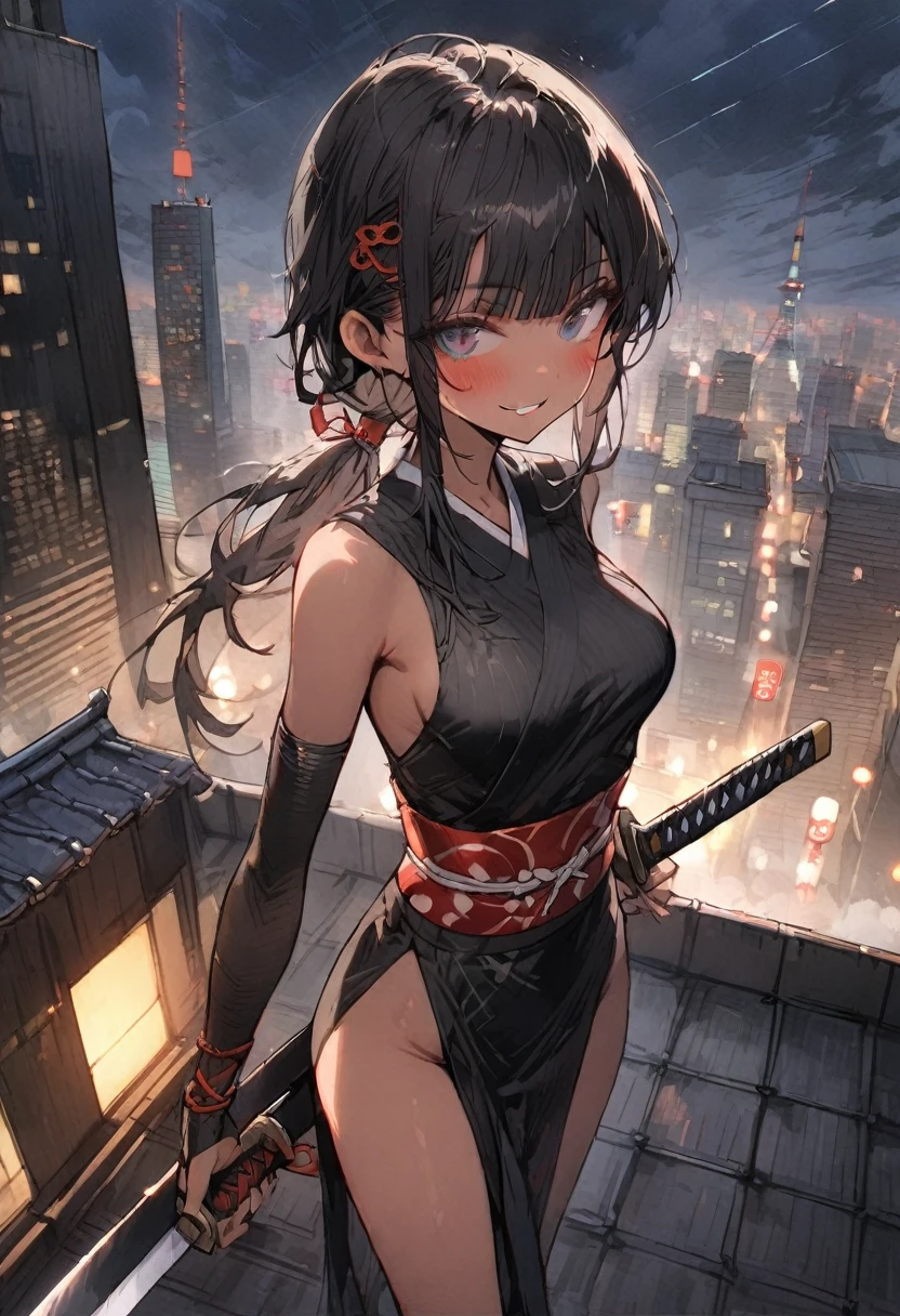((masterpiece,Highest quality:1.3,best quality illustration)), 独奏,1woman,(Mature Japan beauties)、black hair,(low ponytail hair style),long hair,blunt bangs,black eyes,gorgeous eyes,((very small head:1.3)),blush,A strong smile,((very long body:1.2)),medium breasts,(tan skin), (gleaming skin,toned body,slender body, skinny),(Female Ninja Costume、A simple, patternless black kimono、、Black ide slits,Holding a precisely rendered Japanese sword),standing、rooftop of high-rise building、Moonlit Night、Modern Tokyo、