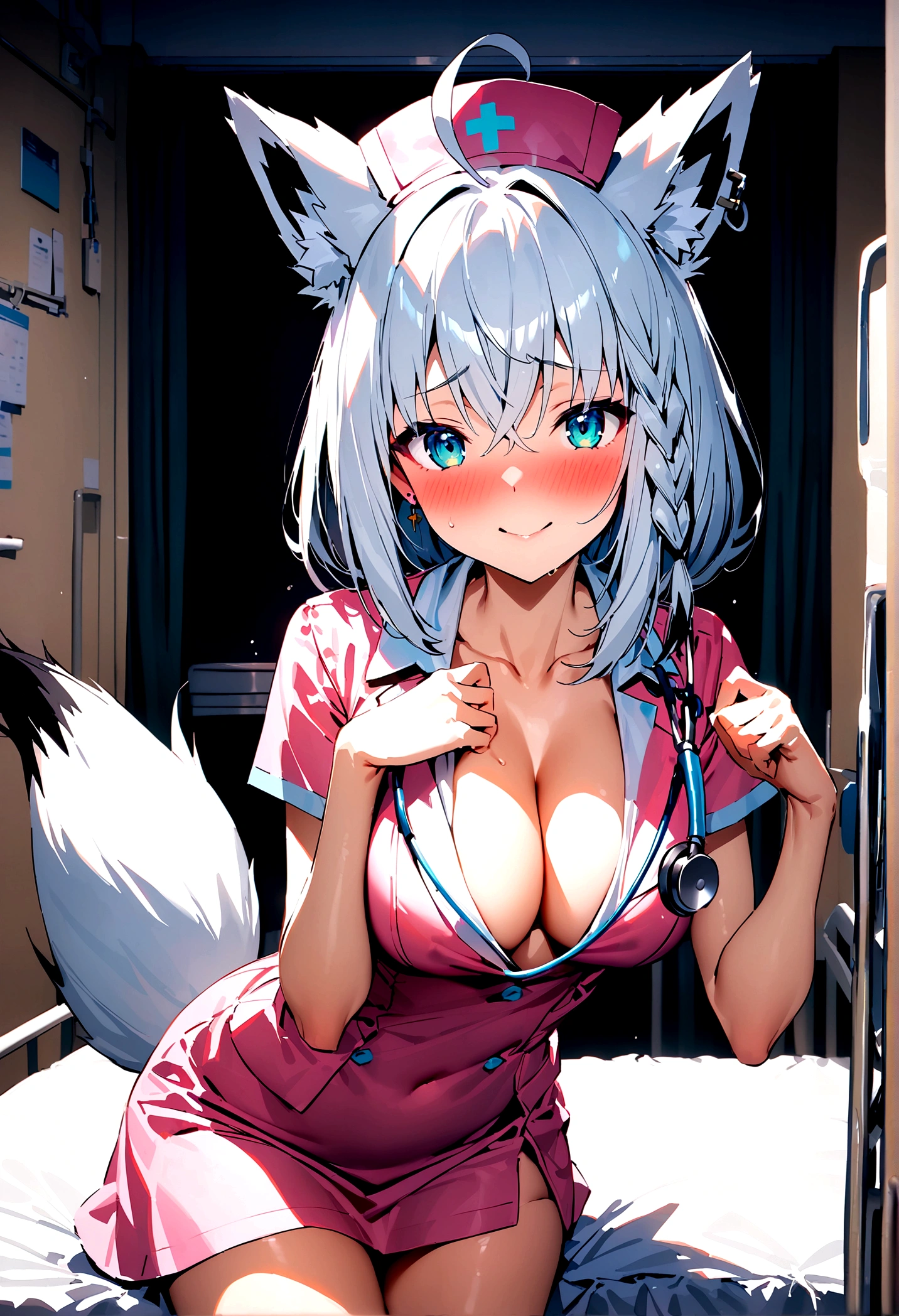 NSFW,masterpiece,Highest quality,High resolution,Super detailed,Shirakami Fubuki\(Hololive\),Gray Hair、One-sided braid、Ahoge、Earrings,Fox ears,Fox tail,nurse,Pink Nurse Uniform,Nurse cap,Stethoscope,Embarrassed,blush,Expecting face,Bewitching Smile,Shy smile,Sexy look,hospital,Hospital room,bed,Cute pose,(Seduce),Cleavage