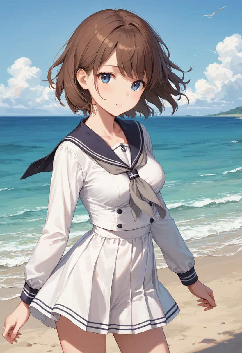score_9,score_8_up,score_7_up,source_anime,cowboy shot,masterpiece,best quality,details background,extremely detailed,1girl, brown hair, blue eyes,medium breasts,short hair, sailor dress,dress,sailor collar,long sleeves,neckerchief,grey neckerchief,white dress,black sailor collar,day break,sea, cleavage, blue bra,