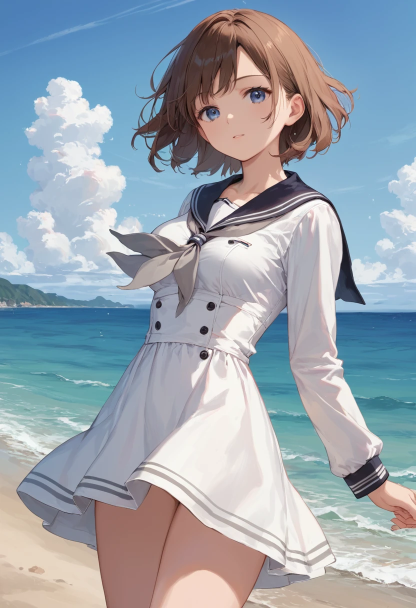 score_9,score_8_up,score_7_up,source_anime,cowboy shot,masterpiece,best quality,details background,extremely detailed,1girl, brown hair, blue eyes,medium breasts,short hair, sailor dress,dress,sailor collar,long sleeves,neckerchief,grey neckerchief,white dress,black sailor collar,day break,sea, cleavage, blue bra,