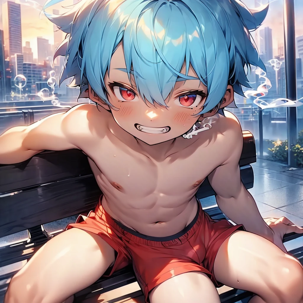 (solo:2), (boldline:-1.8), (smoking:1.6), (((bubble))), (sitting on bench:1.5), (spread legs:1.5), (((fang))), (((best finger))), BREAK (best quality:1.5), (absolutely resolution:1.5), (ultra detailed:1.5), (masterpiece:1.5), (perfect face), (detailed face), (detailed eyes), (best eyes), (cute face), (shota:2), BREAK (topless:1.5), BREAK (red short pants:1.5), (bulge:1.6), (skinny:1.3), (spiked hair), BREAK (light blue hair:1.5), (wine red eyes:1.4), (eyes with highlight:1.6), ((mole under eye)), (sweaty skin), (light skin), (grin:1.5), ((earrings)), (shiny skin:1.3), BREAK (garden), (building:1.5), (at twilight:1.5), ((wind blowing)), ((nipple)), (abs), (groin),