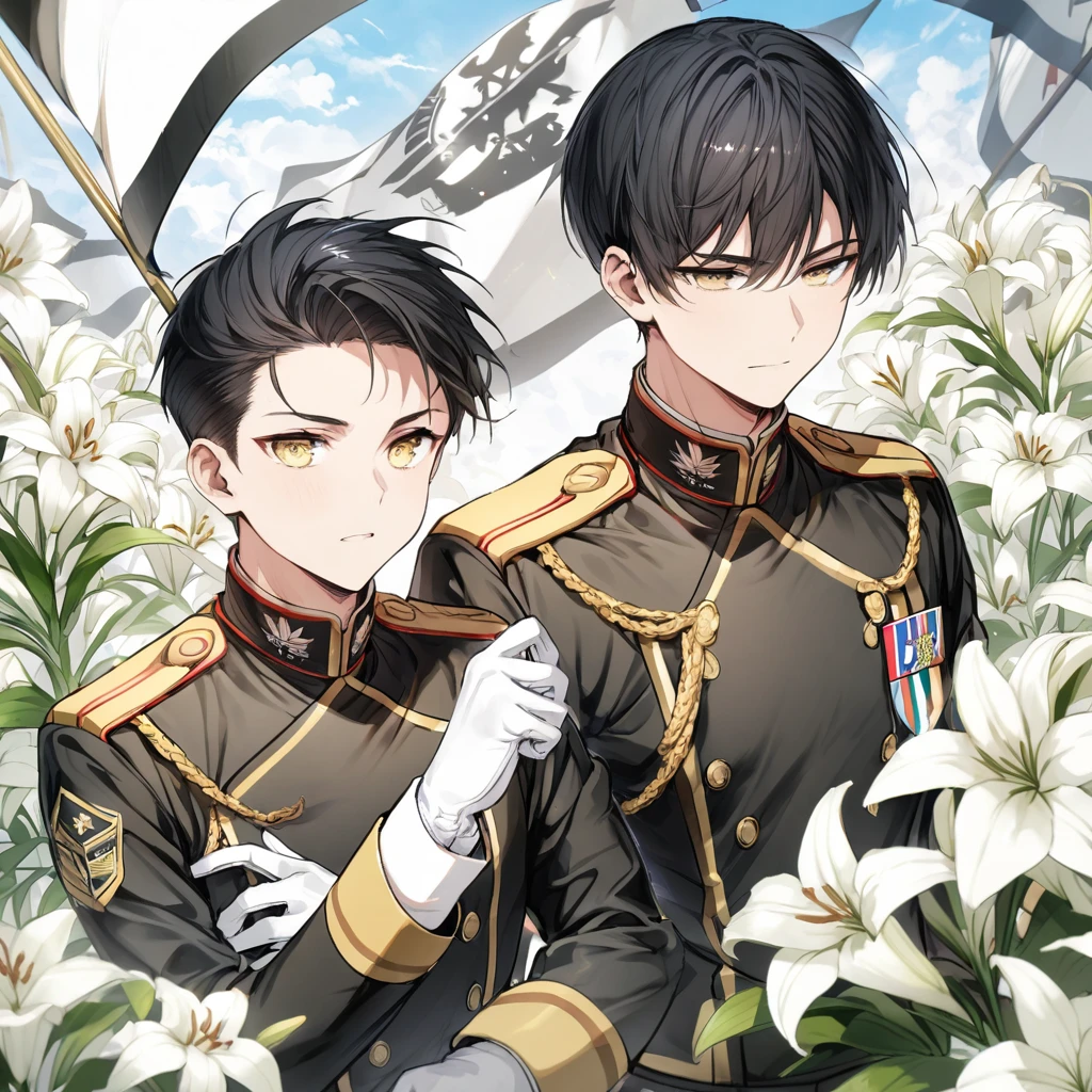 Black and gold military uniform, short black hair, young man, white gloves, white lilies, military flag