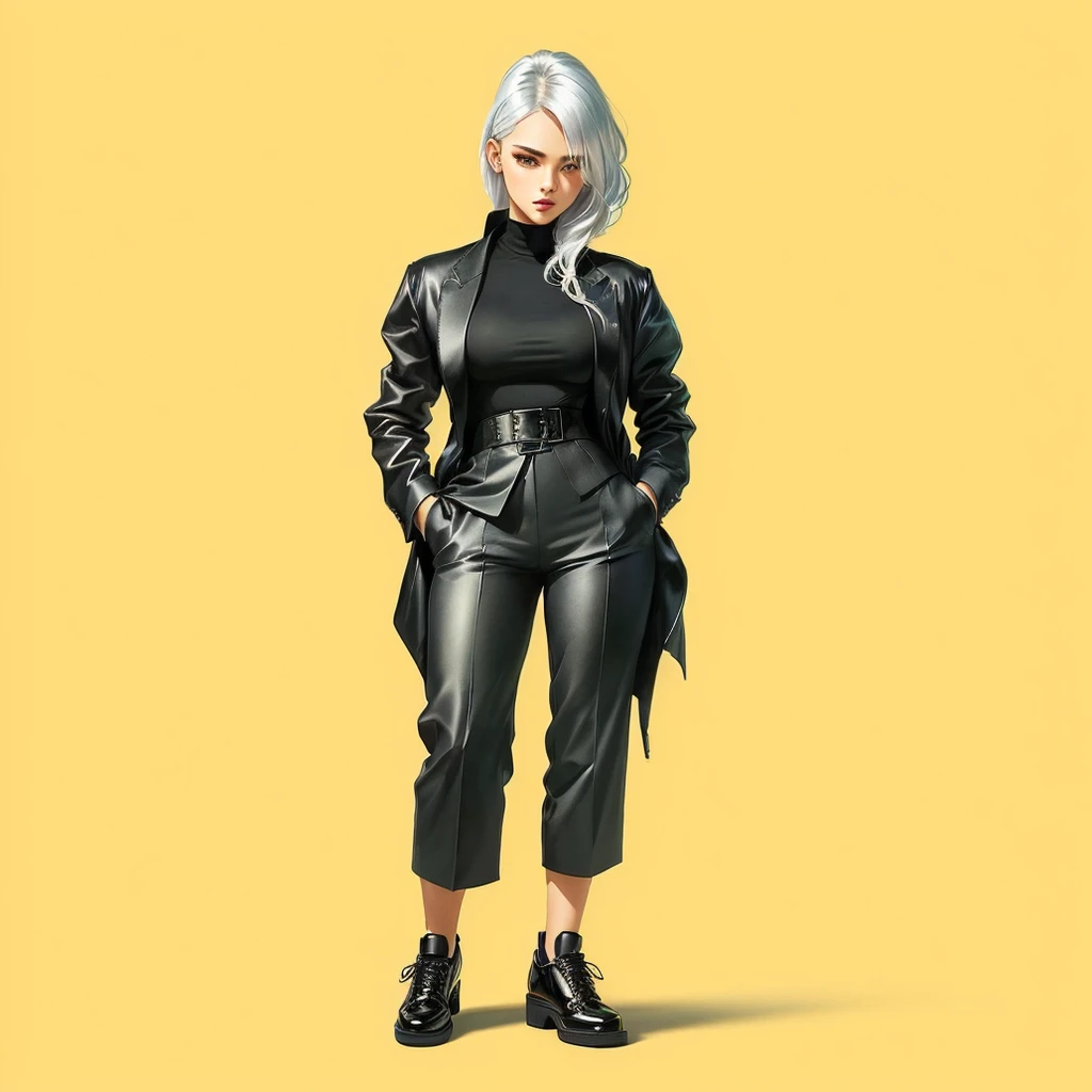 a drawing of a woman in a black suit and black shoes, girl with silver hair, urban girl fanart