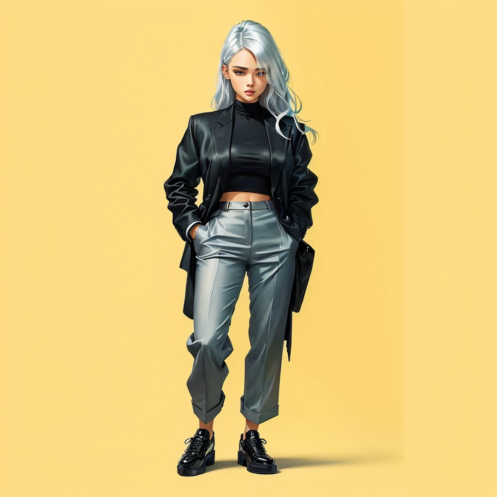a drawing of a woman in a black suit and black shoes, girl with silver hair, urban girl fanart