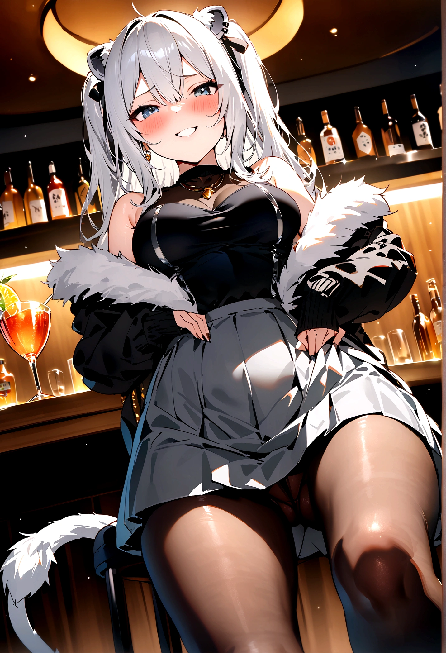 NSFW,masterpiece,Highest quality,High resolution,Super detailed,Shishirabotan\(Hololive\),Long Hair、Two Side Up、Earrings、Lion&#39;s Tail,necklace、Black Shirt、Sleeveless shirt、abdomen、See-through、Grey Skirt、片足pantyhose、pantyhose、fur-trimmed jacket、Black jacket、Off the shoulder,(Bewitching Smile),blush,Luxurious Room,pub,counter,chair,Cocktail Glass,(Drunk),(Intoxication),Sitting in a chair,heart,Sexy pose,Panty shot,From below