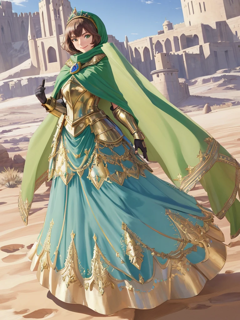 masterpiece, best quality:1.2), 1girl, smile, looking at viewer, green eyes, short brown hair, princess, armor, blue hijab headscarf, pauldrons, armored dress, green cloak cape, wearing puffy blue ballgown skirt, golden tiara with green gem, armored boots, fingerless gloves, standing in front of desert castle