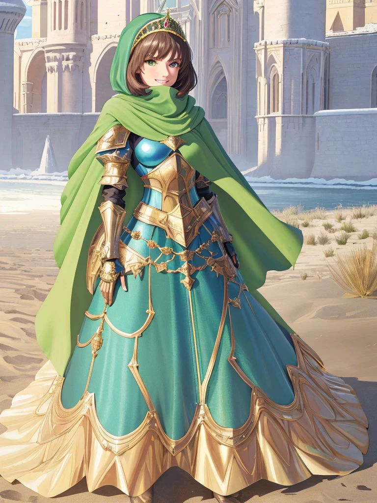 masterpiece, best quality:1.2), 1girl, smile, looking at viewer, green eyes, short brown hair, princess, armor, blue hijab headscarf, pauldrons, armored dress, green cloak cape, wearing puffy blue ballgown skirt, golden tiara with green gem, armored boots, fingerless gloves, standing in front of desert castle