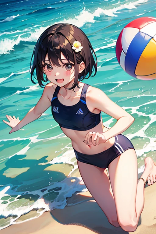 Highest quality、Black Hair、Iris、short hair、girl、cute、16 years old、、Small hair ornament、Sandy Beach、1 person、Swimwear、Beach Volleyball、Toss the ball、A happy look