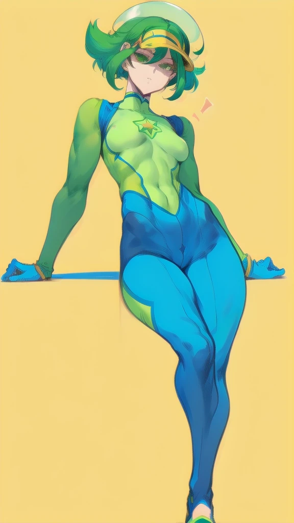 Full body image of Peridot from Steven Universe, full body in image, wearing her original outfit (green bodysuit with yellow star-shaped visor), short green hair, female body, short and slender body, dynamic pose, detailed pose, simple background, expressive face showing curiosity, focus on face, line art, sketch