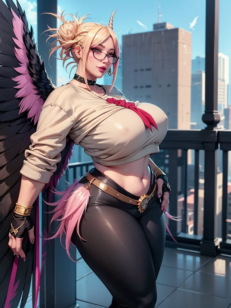realisticlying,22yo girl,Blonde short、big body, sexy lingerie lace black ,perfect eyes, hair bunches、very very long hair, ultradetailed hair, body nylon sexy, Breasts enlarged、 big body, blonde, woman 1.90 CM,ponytail, ((hair over eyes)),perfect mouth, massive big bounce oppai, WET SKIN, (masterpiece, best quality:1.2), 1girl, solo, city background, haze \(fortnite\), Harpy Haze From fortnite, 1girl, earrings, glasses, hat, jewelry, lips, long hair, looking at viewer, makeup, nail polish, pink eyes, pink hair, pink nails, smile, sunglasses, tinted eyewear, belt, black pants, crop top, eyeshadow, midriff, navel, pants, choker, fingernails, round eyewear, sharp fingernails, standing, black feathers, black headwear, hoop earrings, horned headwear, horns, denim, winged arms, feather trim, star \(symbol\), elbow gloves, dark pink lips, feathers, heels, shoes, angel wings, bangle, black wings, crop top overhang, feathered wings, harpy, low wings, multicolored hair, multicolored wings, pink wings, wings, fingerless gloves, shirt, long fingernails, boater hat, bootcut pants, leather pants, sleeves, black sleeves,massive big bounce oppai,massive big bounce oppai,massive big bounce oppai,big bounce oppai,big bounce oppai,hat devil,