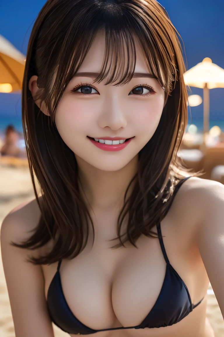 Highest quality, (beautiful)、Micro Bikini、Soft 、Larger breasts、Sleeping on your stomach、Close-up、smile、Selfie Beach、night