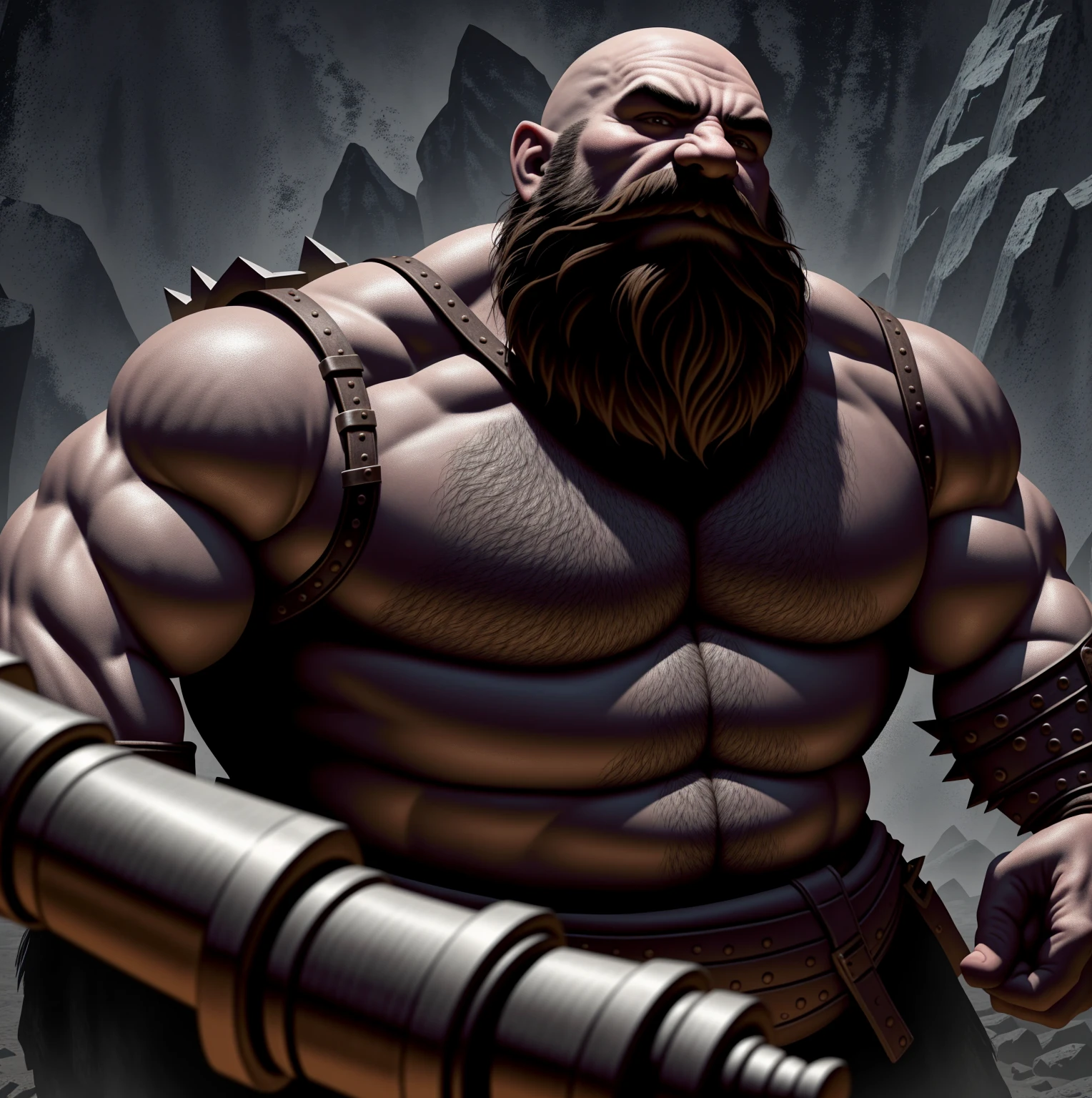 a very strong fantasy dwarf, sooty skin, long and thick beard and mustache, bald, very stout, steely eyes, ugly face, very muscular, wearing sleeveless leather armor, armor spikes, gruff expression, holding a large maul hammer, wearing a tool belt, in a dark cave illuminated by a lantern