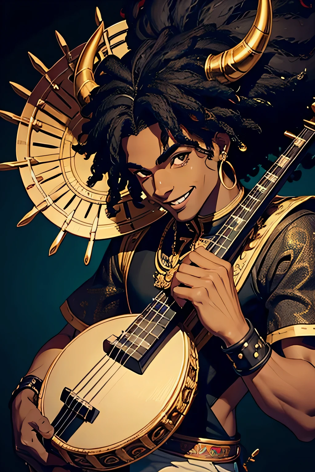 black man dark skin black hair  with horns in head with afro hair with face piercings smiling  playing a lyre as a bard cartoon style