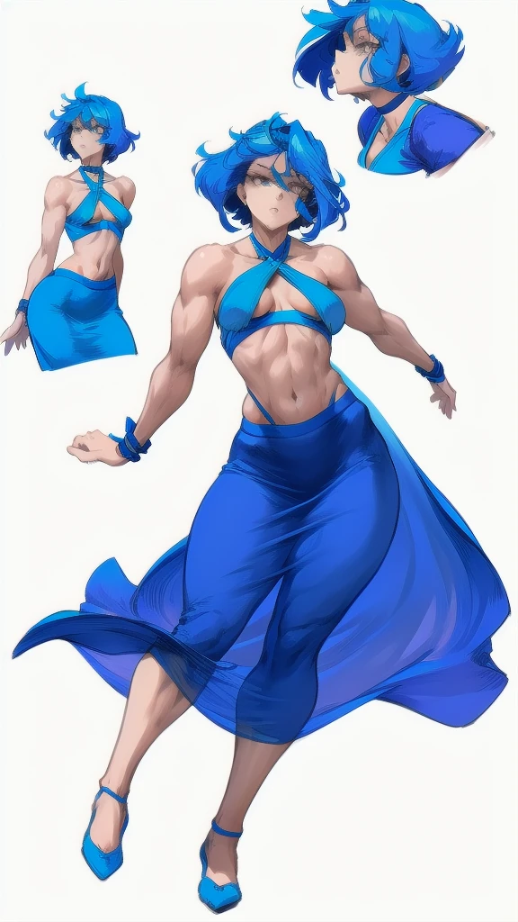 Full body image of Lapis from Steven Universe, full body in image, wearing her original outfit (blue halter top and skirt), short blue hair, female body, slender and graceful body, dynamic pose, detailed pose, simple background, expressive face showing serenity, focus on face, line art, sketch