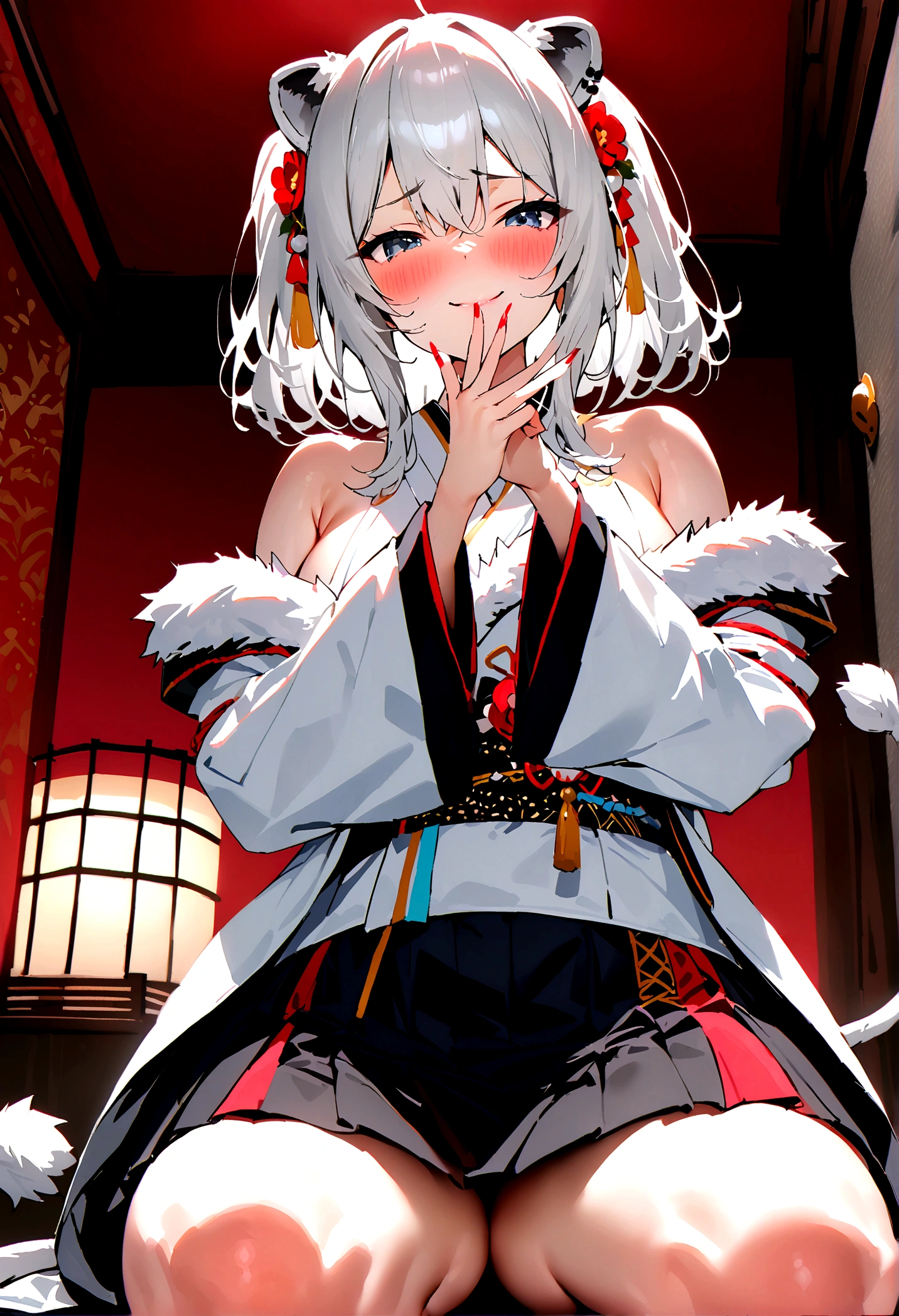 NSFW,masterpiece,Highest quality,High resolution,Super detailed,Shishirabotan\(Hololive\),Double Odango、flower、Side Lock、Lion's tail、White kimono、Off the shoulder、fur ornament、Black Hakama、Short skirt,Bad smile,blush,Prostitute,(Red light district),Japanese-style room,Sexy pose,(Seduce),Sitting,heart,Throw kiss,From below