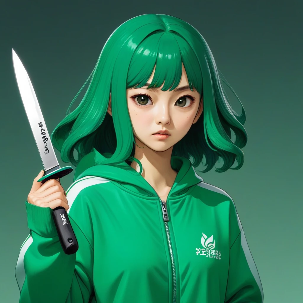 Kang Sae-byeok, Squid Game, Jung Ho-yeo, holding a knife with her hand, wearing a green squidgame tracksuit, simple background, evil expression, shes an amoral thief