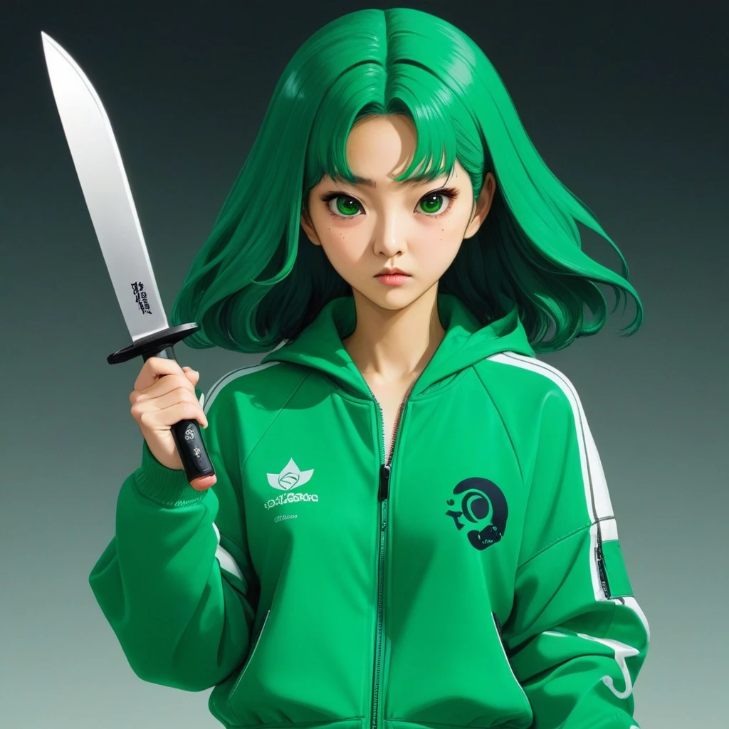 Kang Sae-byeok, Squid Game, Jung Ho-yeo, holding a knife with her hand, wearing a green squidgame tracksuit, simple background, evil expression, shes an amoral thief
