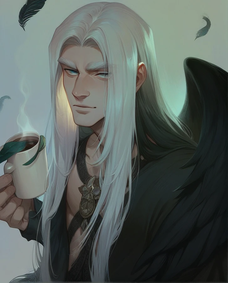 beautiful man, feline eyes, thick eyebrows, beautiful lips, splendid body, divine hair, white hair, perfect hair, cute coffee, beautiful hair, male beauty, HD quality, 4K quality, digital art.