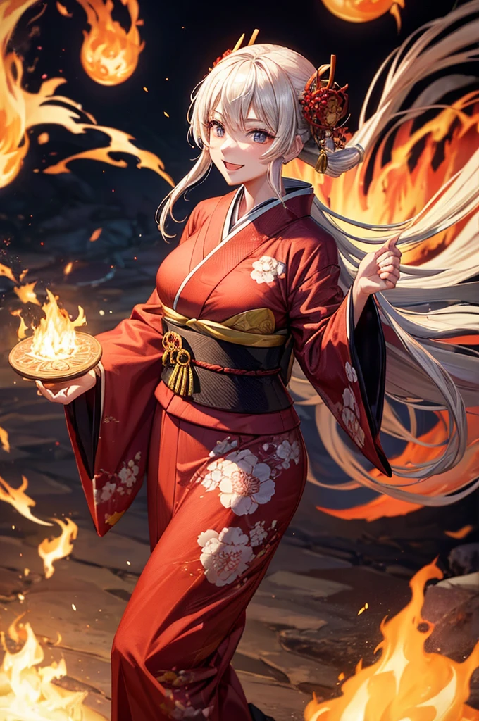 A beautiful woman in a kimono smiles as she makes a contract with a fire demon against the backdrop of a fire magic circle